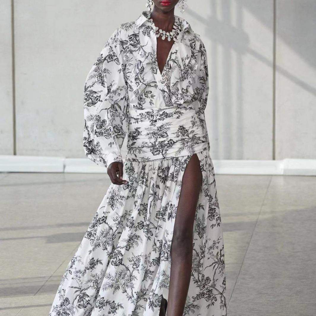 新款2023秋季 衬衫翻领灯笼袖荷叶边拼接上衣+收腰包臀长裙套装女