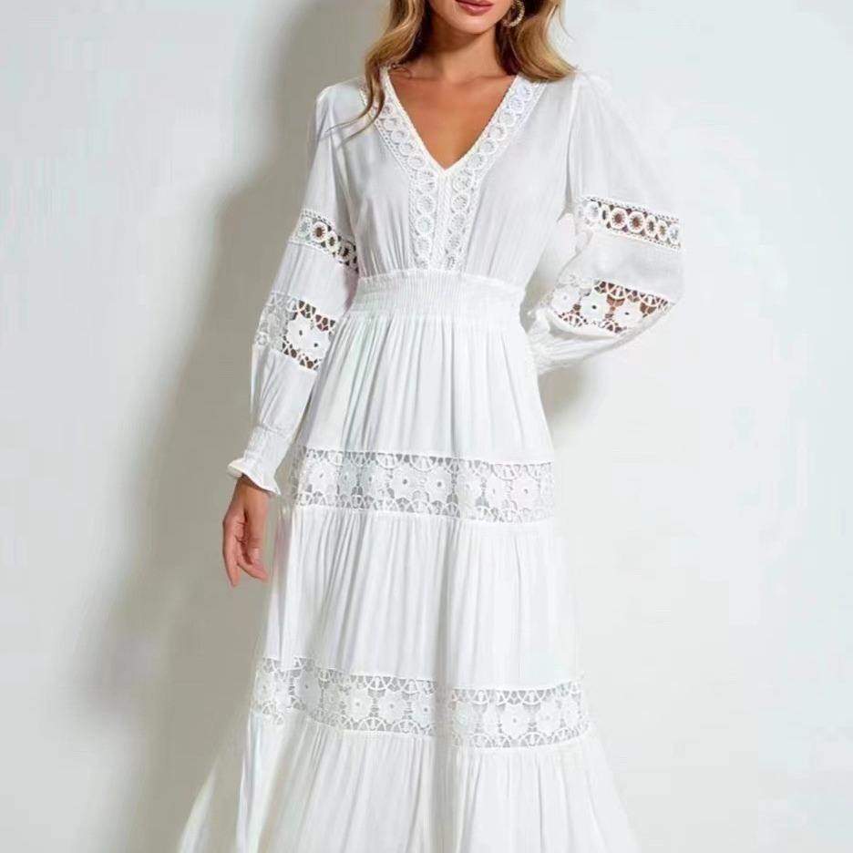 2023秋季法式V领灯笼袖拼接工艺镂空收腰长款连衣裙女2023年秋季,女装/女士精品,连衣裙,淘宝优惠券,粉丝福利购,淘宝优惠卷