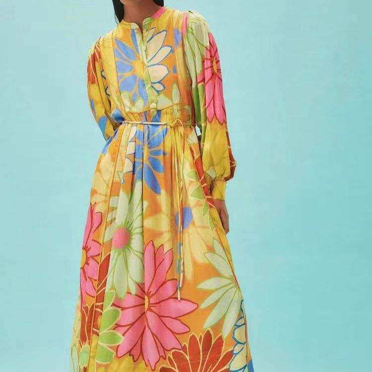 2023秋季立领花朵印花 系带收腰显瘦 宽松大摆裙长款连衣裙灯笼袖,女装/女士精品,连衣裙,淘宝优惠券,粉丝福利购,淘宝优惠卷