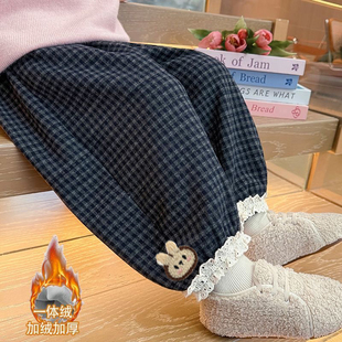 女童格子一体绒休闲长裤加绒加厚蕾丝花边束脚裤冬装宝宝2025新款