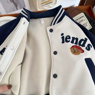 儿童棒球服加绒男童2026秋冬新款小童小熊夹克潮宝宝字母外穿褂子