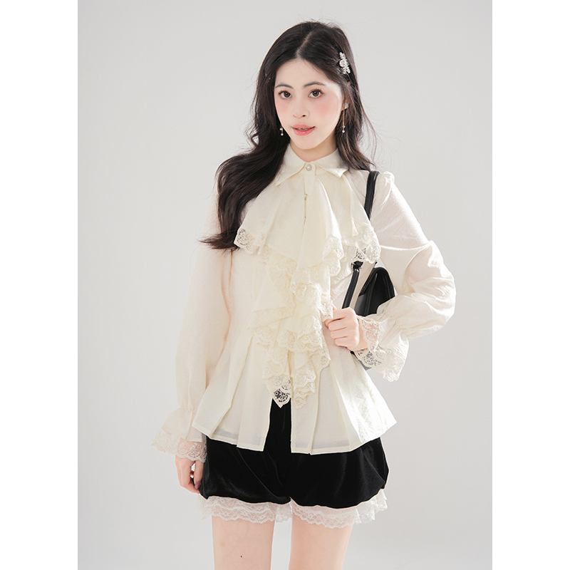 法式复古宫廷风蕾丝荷叶边衬衫秋冬小众设计上衣+短裤套装2025