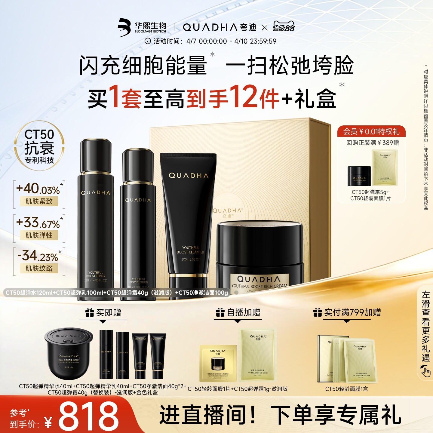 【立即抢购】华熙生物夸迪CT50超弹精华水乳面霜洁面护肤品套装