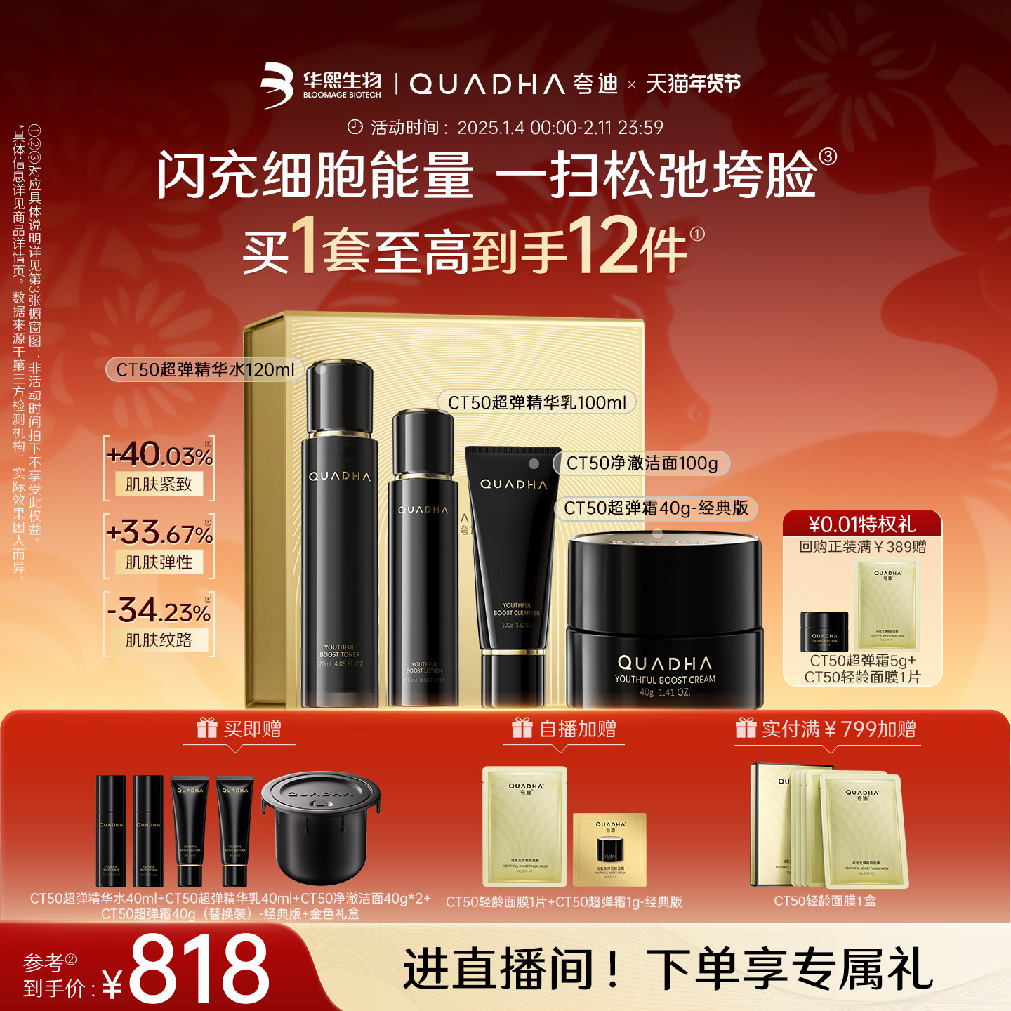 【新年礼物】华熙生物夸迪CT50超弹精华水乳面霜洁面护肤套装