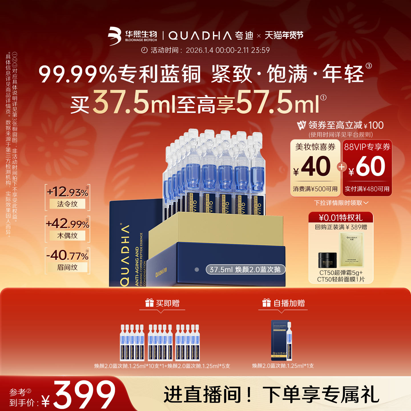 【新年礼物】华熙生物夸迪焕颜2.0蓝次抛精华液蓝铜胜肽抗皱护肤