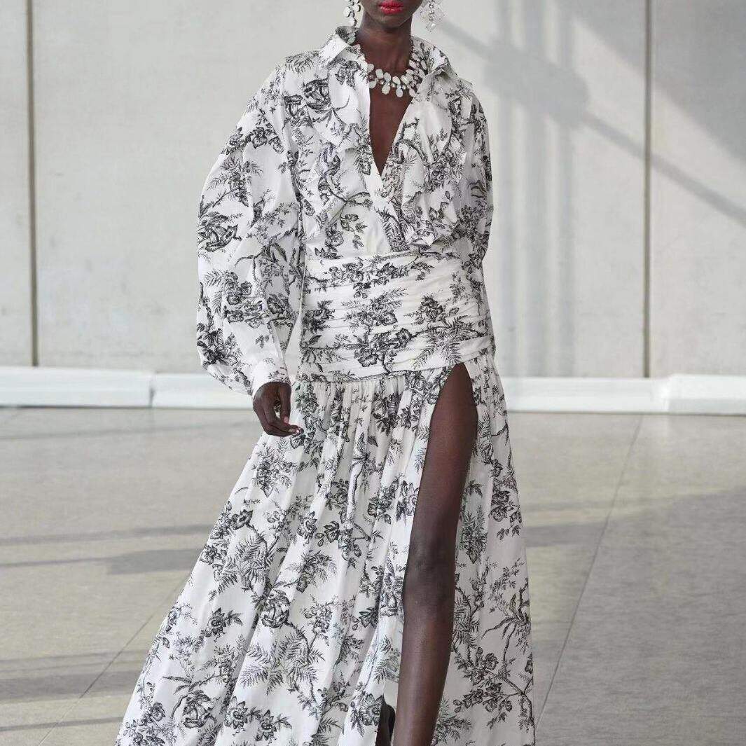 新款2023秋季 衬衫翻领灯笼袖荷叶边拼接上衣+收腰包臀长裙套装女