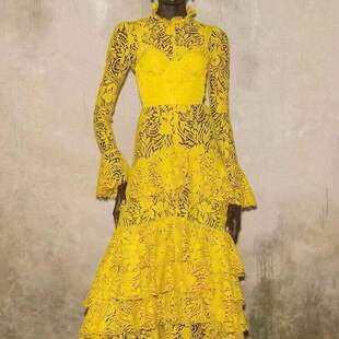 2023秋欧美立领多层荷叶边设计收腰喇叭袖 单件 显瘦气质连衣裙长袖