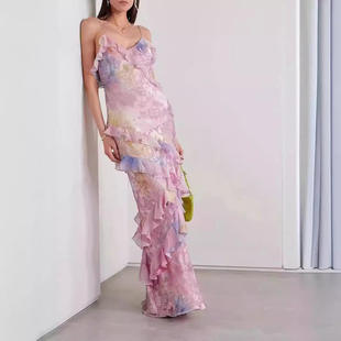 荷叶边拼接收腰长款 吊带V领无袖 连衣裙 欧美外贸跨境2024夏季 新款