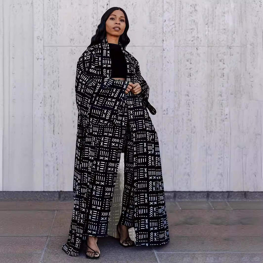 新款 欧美亚马逊时尚气质百搭长款宽松印花开衫外套毛呢外套