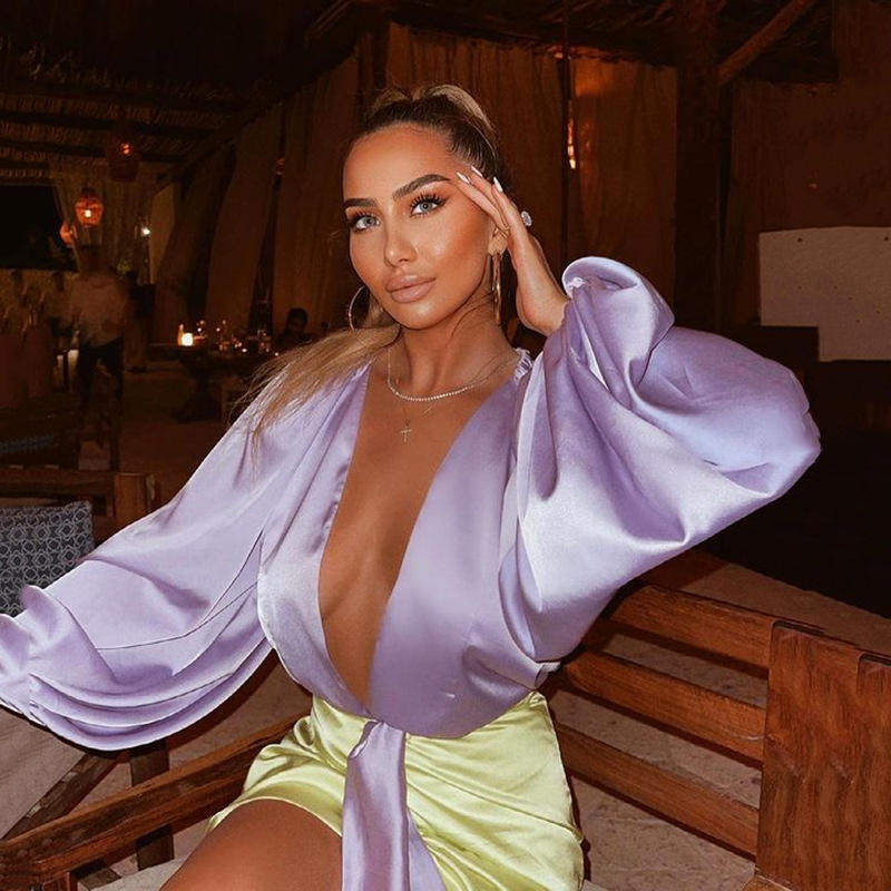 欧美ins热销2022夏套装女性感深V长袖连体衣高腰包臀裙时尚套装