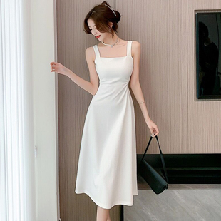 法式白色吊带连衣裙女夏季中长款a字裙方领收腰显瘦小个子长裙子