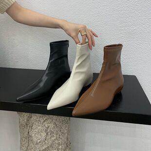 DASU尖头法式裸靴低跟瘦瘦靴时装靴女2026秋冬新款复古内增高短靴