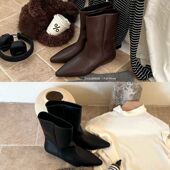 简约时尚 DASU法式 尖头坡跟直筒短靴女2025秋冬新款 百搭中筒骑士靴