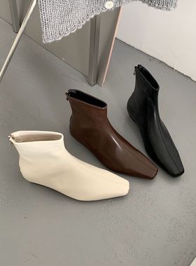 DASU法式粗跟方头瘦瘦靴短靴女鞋子2025年秋冬新款白色短靴小踝靴