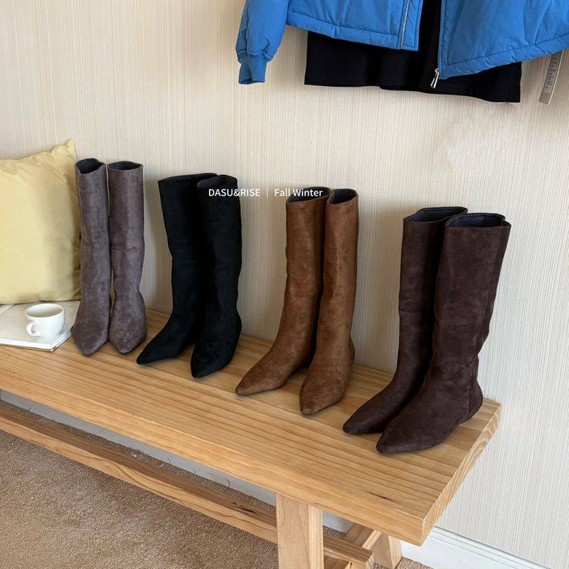 DASU2025秋冬新款复古坡跟高筒靴女低跟绒面骑士靴百搭不过膝长靴,女鞋,时装靴,淘宝优惠券,粉丝福利购,淘宝优惠卷