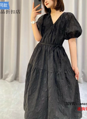 A家女装专柜正品2023夏V领泡泡袖复古连衣裙5500448-1A93511-001