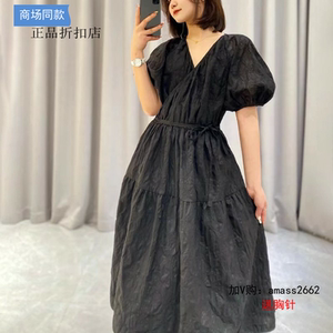 A家女装专柜正品2023夏V领泡泡袖复古连衣裙5500448-1A93511-001