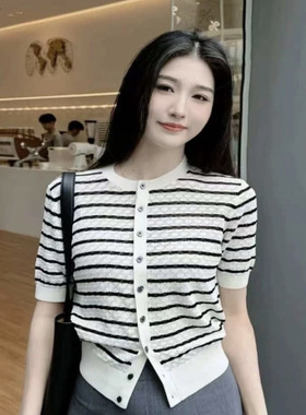 [商场同款]2025夏新款小香风短袖条纹镂空针织开衫148005-1T62371