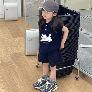 套装 新款 女童无袖 夏季 卡通印花POLO衫 背心宝宝休闲宽松洋气五分裤