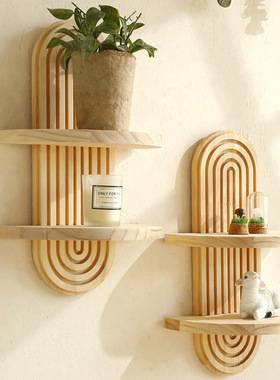 波西米亚椭圆螺纹创意实木墙壁置物架 木制工艺品家居客厅装饰