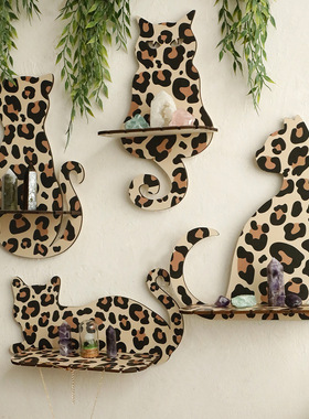 波西米亚豹纹动物猫型木制墙壁水晶收纳置物架民宿家居摆件工艺品