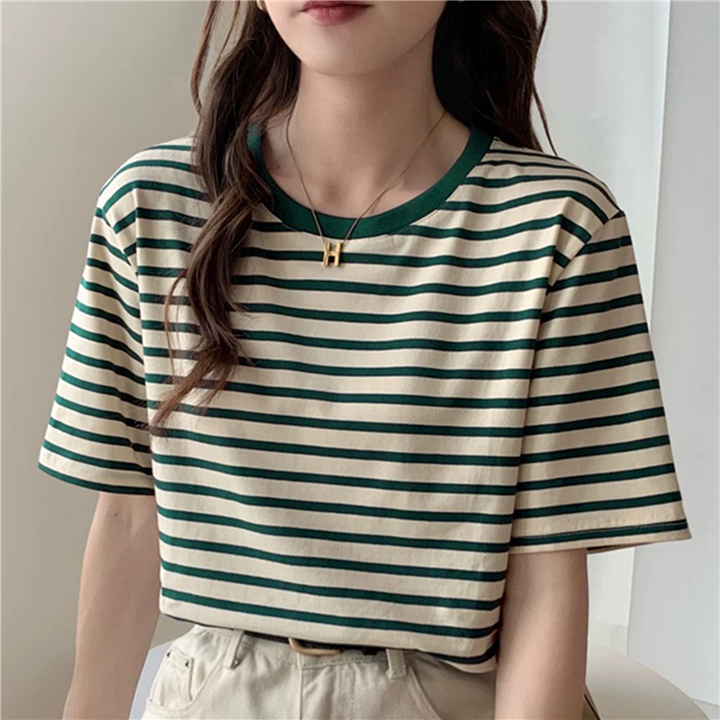 显白绿色条纹+短袖+通勤+常规