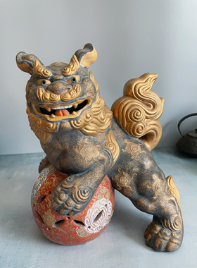 日本制 九谷烧 太吉窑 老物件 狮子 摆件 置物 da-a-89