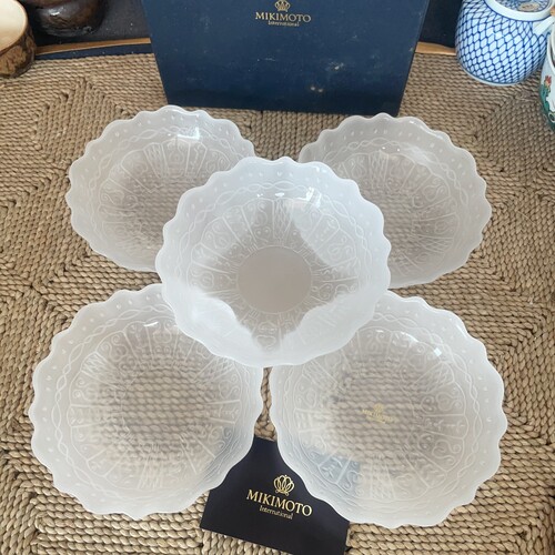 日本制 mikimoto 磨砂 玻璃 小钵 小碗 一套5只 1-359