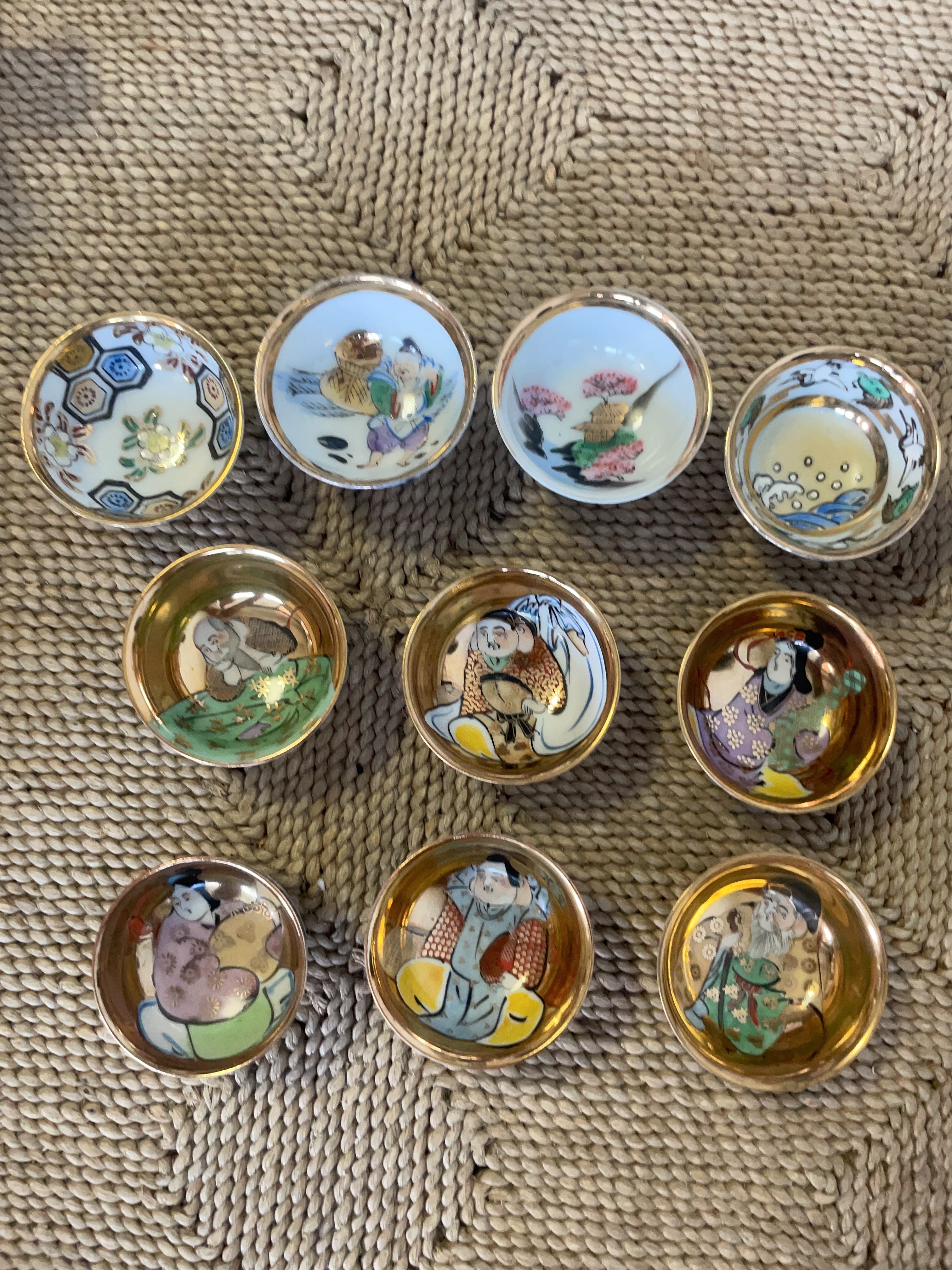 日本制 九谷烧 老九谷 七福神 酒杯 青花 手绘 1-101