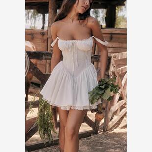 houseofcb法式鱼骨吊带连衣裙夏季芭蕾多巴胺穿搭甜美收腰小白裙