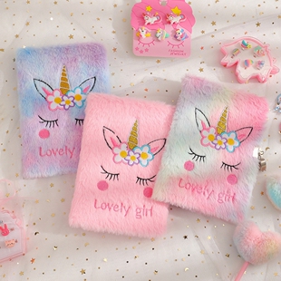 Plush Notebook with Lock unicorn Journal A5 Diary Line Pape