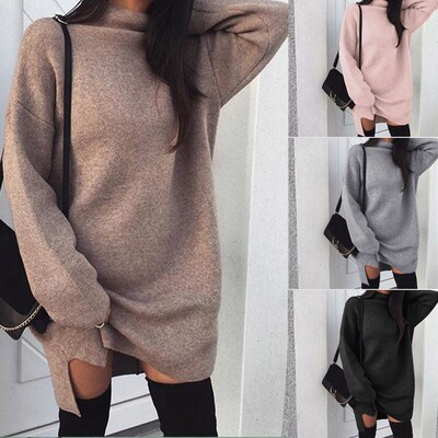 Winter new Knitted turtleneck split dress针织高领宽松连衣裙