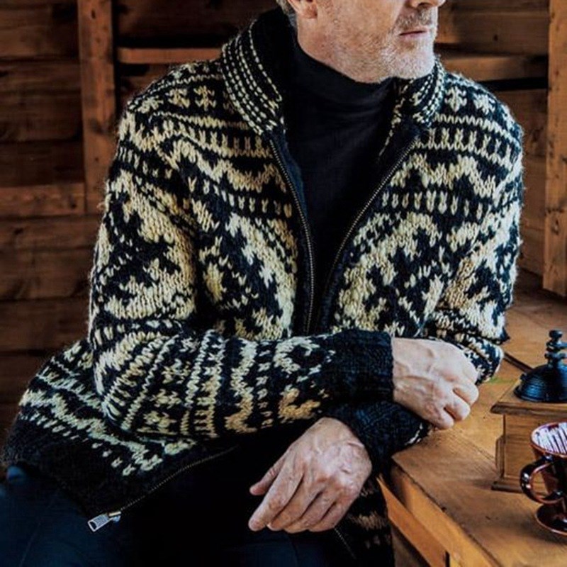 2022欧美秋冬加厚针织开衫外套男长袖提花毛衣大码Men's knit