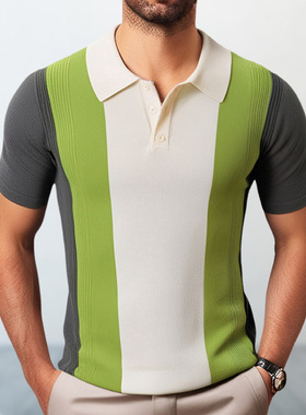 绿色条纹针织衫翻领短袖P