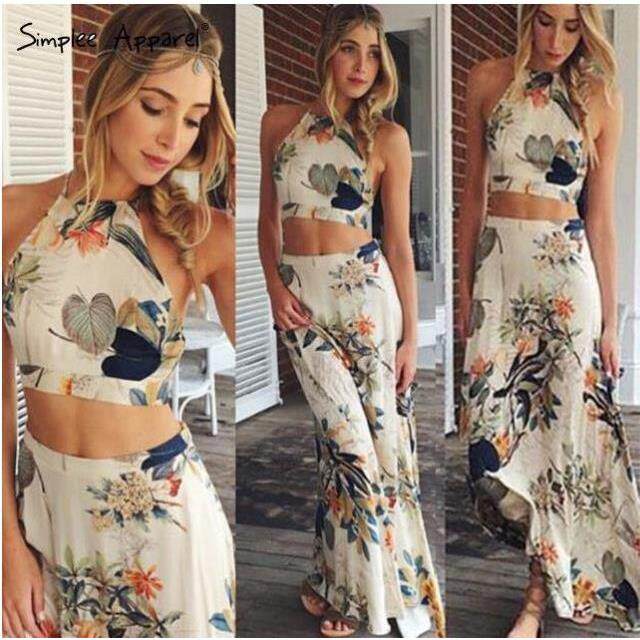 2018夏新品女装欧洲站花色露腰小吊带背心加长短裙套装Vest+skirt