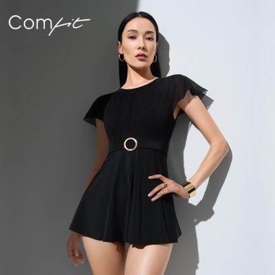 Comfit分体泳衣女带胸垫修身收腰显瘦性感A字短裙摆泳装CS00024
