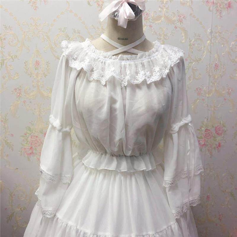 夏季女装日系lolita少女内搭日常洋装雪纺姬袖上衣一字领挂脖衬衫