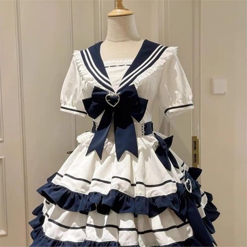 洛丽塔可爱夏日海军风水蓝色少女JK蛋糕裙洋装连衣裙演出服现货