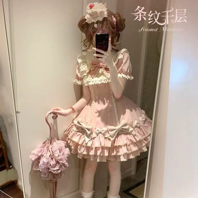 条纹千层Lolita连衣裙OP蛋糕裙可爱春秋胡蝴蝶甜美公主洛丽塔现货