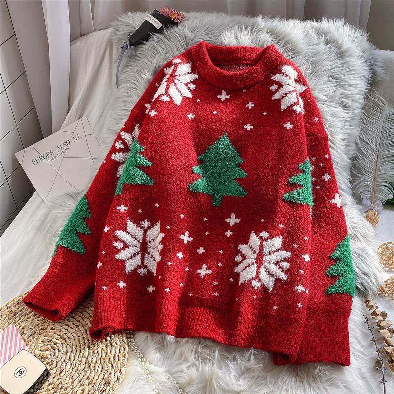 new year red christmas snowflake women's loose sweater t
