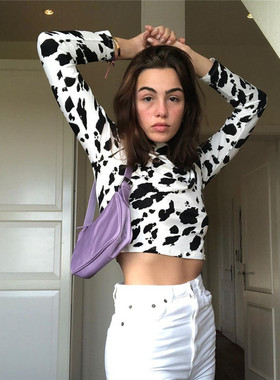 Printed Crew Neck Long Sleeve T-Sirt印花圆领长袖露脐打底T恤