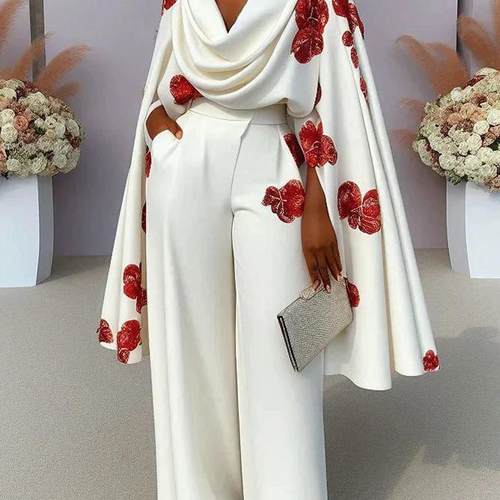 跨境欧美风女装春季新品印花堆堆领不规则长袖二件套阔腿长裤套装