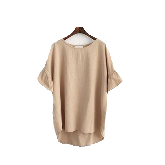 韩版港味夏季时尚杏色前短后长简约宽松棉麻喇叭短袖T衬衫shirt
