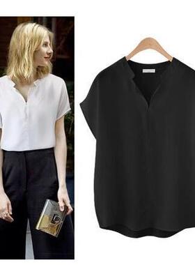 欧美夏装特大码200斤胖MM宽松显瘦胖妹雪纺短袖T恤女衬衣白色衬衫