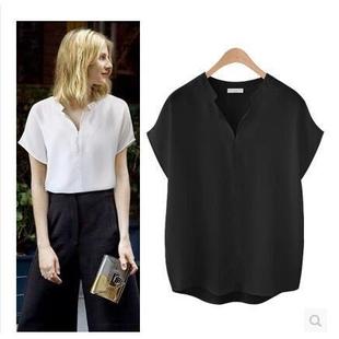 T恤女衬衣白色衬衫 200斤胖MM宽松显瘦胖妹雪纺短袖 特大码 欧美夏装