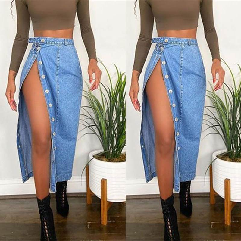 skirt women SKIRTS欧美女装休闲牛仔半身裙开叉包臀裙中长裙子