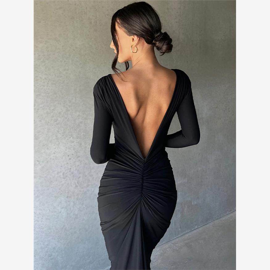欧美女装2024夏季新品正反两面穿性感V领修身褶皱纯色长袖连衣裙