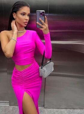 欧美时尚经典女装气质单袖镂空开衩长款高妹性感连衣裙绿色长裙子