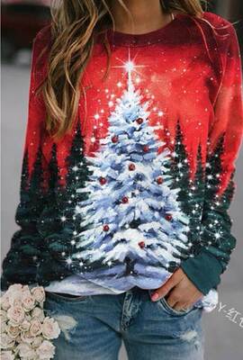 new christmas tree print long sleeve crew neck t-shirt t恤