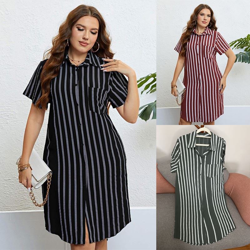 Summer plus size women striped shirt dress 大码条纹衬衫裙女